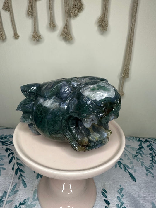 Moss Agate Tiger Head Carving